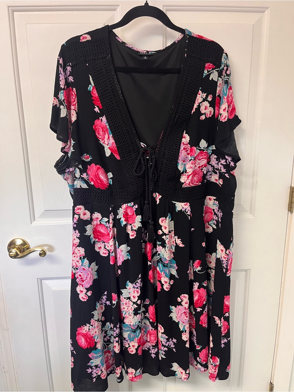 torrid Black Floral Lace-Up Midi Dress with Pink Roses